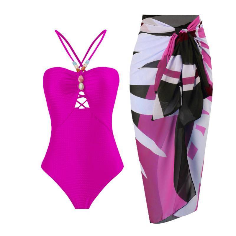 lot 3333 image: ODIZLI Bathing Suit Womens One Piece Swimsuits for Women One Shoulder Swimming Suit with Beach Sarong Pareo Wrap Cover Ups Long Skirt Sexy Monokini Padded One Piece Swimsuit Skirt Hot Pink small - Retail $57