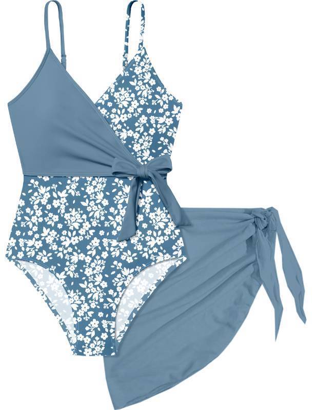 lot 3368 image: Tomolant Girls Bathing Suits Size 8-10 One Piece Swimsuit Blue Floral Print with Adjustable Straps GirlsSwimwear with Cover Up