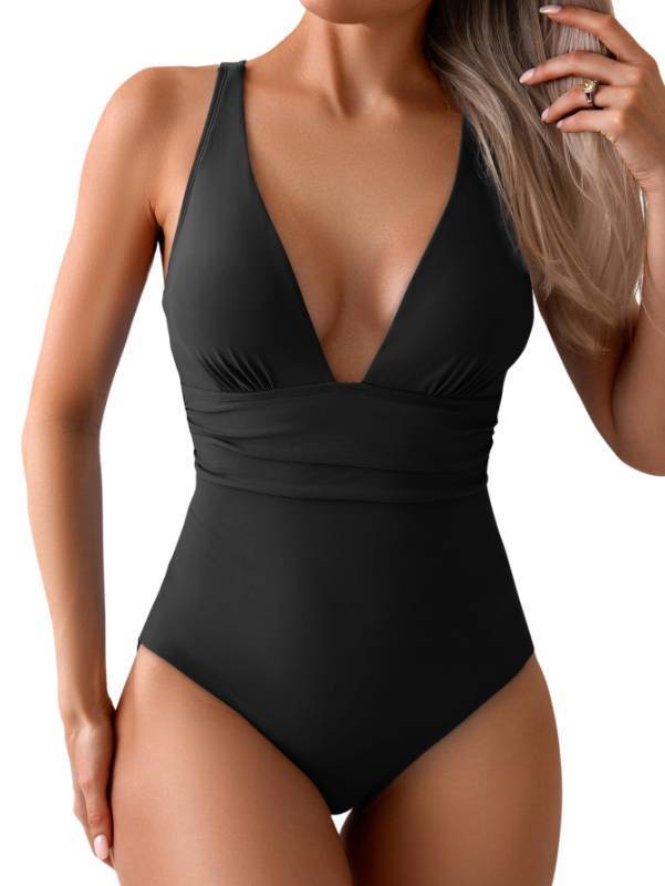 lot 3403 image: Eomenie Women One Piece Swimsuit Tummy Control Bathing Suit V Neck Slimming 1 piece Swimwear Black 2X