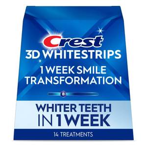 lot 3408 image: Crest 3D Whitestrips, 1 Week Smile Transformation, Whitestrips 3D White, Teeth Whitening Strip Kit, 14 Treatments (Each with 1 Upper1 Lower), 28 Strip (17 TREATMENTS TOTAL) - Retail $40