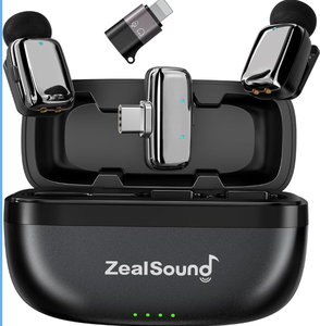 lot 3443 image: ZealSound Mini Microphone, Wireless Lavalier Mic for iPhoneiPadAndroid, USB-CLightning, Noise Reduction, 33H Battery with Charging Case for Content Creators, TikTok & YouTube Videos - Chrome Silver