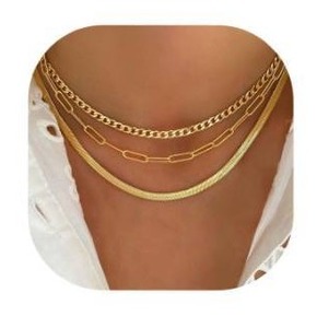 lot 3477 image: Dodder Gold Layered Necklaces for Women, 14K Gold Plated Dainty Chain Choker Stack, Herringbone Necklaces Set Jewelry for Women