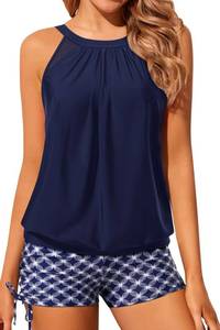lot 3014 image: Yonique Tankini Swimsuits with Shorts - Tummy Control Two Piece Blouson Bathing Suits High Neck Swimwear Blue Geometry X-Large