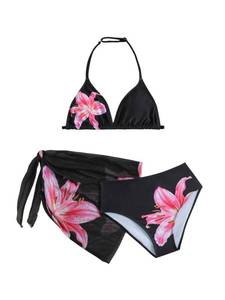 lot 3051 image: RoseSeek Girls 3 Piece Swimsuits Floral High Waisted Bikini Bathing Suit with Mesh Coverups Skirt Black and Pink 11 Years