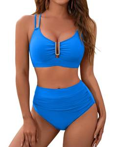 lot 3052 image: BMJL Womens High Waisted Bikini Sets Modest Tummy Control Swimsuits Cutout Crisscross Ruched Two Piece Bathing Suit(Blue,M)
