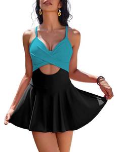 lot 3056 image: AIMAGE Womens One Piece Swimdress V Neck Tie Back Skirt Swimsuit Push Up Tummy Control Bathing Suits Peacock Blue,M