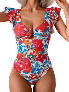 lot 3063 image: Eomenie Womens Ruffled One Piece Swimsuit Slimming Tummy Control Bathing Suit V-Neck Cutout Swimwear for Resort Wear Large