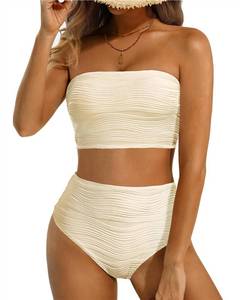 lot 3076 image: Talisea High Waisted Bandeau Bikini Set - Women Strapless Two Piece Swimsuits Ribbed Longline Full Coverage Bathing Suits Swimwear Beige Medium