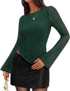 lot 3080 image: ZESICA Womens 2026 Spring Summer Lace Mesh Sleeve Tops Going Out Double Lined Slim Fit Asymmetrical Shirts Date Night Outfit,Dark Green,Medium