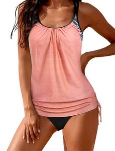 lot 3082 image: ZAFUL Two Piece Tankini Swimsuit for Women High Waisted Tummy Control Bathing Suit Double Up Tankini Set 1-Orange XL