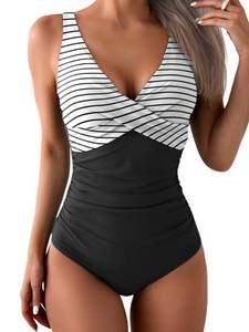 lot 3090 image: Eomenie Womens One Piece Swimsuits Tummy Control Ruched Push Up Bathing Suit Slimming Tie Back Swimwear L