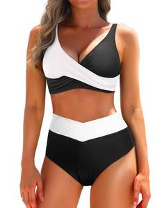 lot 3093 image: Aqua Eve Women High Waisted Bikini Twist Front Swimsuits Lace up Bikini Tops Ruched Push up 2 Piece Bathing Suits Black and White Splicing Medium