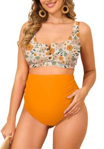 lot 3098 image: Zando Maternity Swimsuit Two Piece High Waist Button Down Maternity Swimwear Pregnancy Bathing Suits Maternity Swimsuits for Women Cross Orange Bikini Set XL