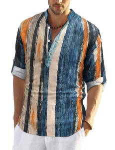 lot 3139 image: COOFANDY Mens Cotton Linen Henley T-Shirt Long Sleeve Casual Beach T-Shirts Hippie Printed Button Tee large