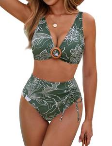 lot 3143 image: BMJL Womens High Waisted Bikini Sets Floral Two Piece Swimsuits V Neck Tummy Control Bathing Suits(Green Floral,M)