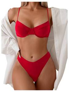 lot 3145 image: SweatyRocks Womens 2 Piece Bikini Set Spaghetti Strap High Cut Push Up Underwire Swimsuit Solid Red Medium