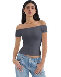 lot 3182 image: SUUKSESS Women Double Lined Off The Shoulder Tops Sexy Y2k Slim Fitted Going Out Basic Shirts (Ash, L)