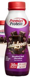 lot 3191 image: Premier Protein Shake INDULGENCE, Decadent Dark Chocolate, 30g Protein, 170 Calories, 3g Sugar, 11.5 fl oz, 4 Pack (BB FEB.19.26)