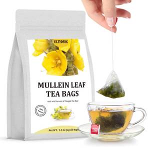 lot 3195 image: Premium 50 Mullein Leaf Tea Bags. Made with 100% Pure Mullein Leaves, for Lungs Cleanse and Respiratory Support, No Flavoring & No Additives & Caffeine Free.