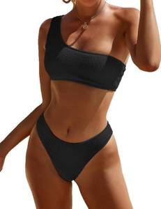 lot 3249 image: YIMISAN Womens Bikini Sets One Shoulder Top with Low Waisted Tankini Two Piece Bathing Suit Black Medium