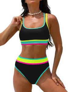 lot 2600 image: popvil Womens High Waisted Bikini Sets Neon Two Piece 2026 Swimsuit Sporty Adjustable Straps Full Coverage Bathing Suit Ladies Beach Summer Black Medium