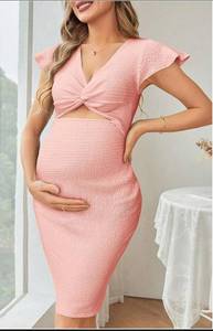 lot 2619 image: Pink Maternity Dress with Ruffle Cap Sleeves and V-Neck Cut Out Medium