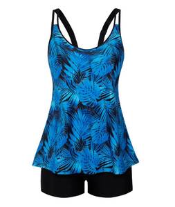 lot 2620 image: Arolina Modest Swimsuits for Women Tummy Control Bathing Suits Full Coverage Tankini with Shorts Blue Leaves Medium