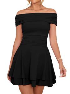 lot 2639 image: Kaximil Womens Off The Shoulder Mini Dress Ruffle Hem Ruched Corset Short Cocktail Party Dresses, Small, Black