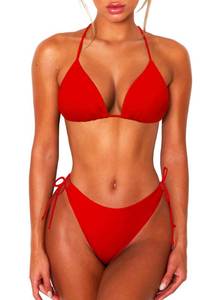 lot 2695 image: OZICERD 2 Piece Bikini Sets for Women Halter Triangle Bikini Tops Brazilian String Swimsuit Full Coverage Bottom Bathing Suit Red S
