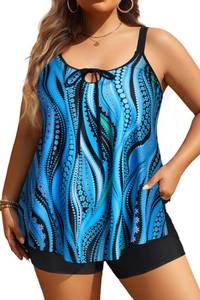 lot 2723 image: Daci Blue Wavy Pattern Women Plus Size Tankini Swimsuit - 2 Piece Flowy Plus Size Bathing Suits and Shorts with Pockets 2025 24 Plus