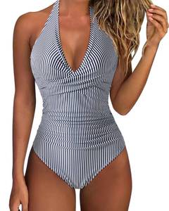 lot 2736 image: SUUKSESS Women Sexy Tummy Control One Piece Swimsuits Halter Push Up Monokini Bathing Suits (Black Striped, M)