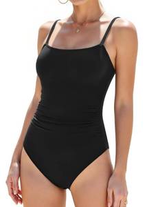 lot 2746 image: Beauty Womens One Piece Swimsuits Tummy Control Bathing Suits for Women Square Neck Backless Ruched Push Up Slimming Swimwear Full Coverage Sexy Cute Swim Retro Padded Adjustable Straps Black S