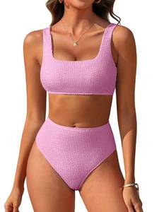 lot 2747 image: ANRABESS Women Swimsuits Two Piece Bikini Set High Waisted Ribbed Tummy Control Modest Bathing Suits 2026 Beach Swim Wear Light Pink X-Large