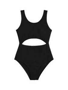 lot 2748 image: Milumia Girls Swimsuit One Piece Cut Out Bathing Suit Rib Knit Bikini Swimwear Solid Black 12-13Y