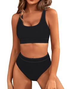 lot 2757 image: BMJL Womens High Waisted Bikini Sets Sporty Two Piece Swimsuits Color Block Cheeky High Cut Bathing Suits(L,Solid Black)