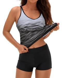lot 2758 image: Yonique 2 Piece Tankini Swimsuits for Women with Boy Shorts Athletic Swim Tank Top Bathing Suits Gray Gradient L