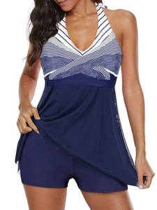 lot 2767 image: Plus Size Swimsuits for Women Tummy Control Halter Swimdress One Piece bathing suits Long Torso Swimsuit Womens Tankini Blue 20-22