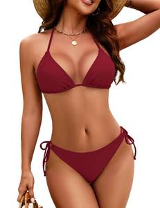 lot 2774 image: Zonsaoja Women String Bikini Set Halter Side Tie Two Piece Swimsuit Triangle Bathing Suits DarkRed S