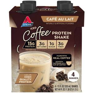 lot 2792 image: Atkins Cafe au Lait Iced Coffee Caffeinated Soy Protein Shake - 4pk44 fl oz