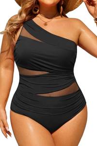 lot 2793 image: Aqua Eve Plus Size One Piece Swimsuit for Women Tummy Control Bathing Suits One Shoulder Swimwear Black Mesh 20W
