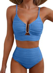 lot 2822 image: Herseas Women Two Pieces Textured Ruched Popular Bikini Set Push Up Padded V-Wired Swim Suit Cutout 2026 High Waisted Spaghetti Straps Bathing Suit Fashionable Swim Outfits Blue Small