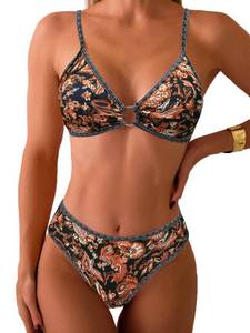lot 2868 image: Fanuerg Womens Triangle Bikini Sets O Ring Linked Two Piece Swimsuits Brown Floral Printed Cheeky Bathing Suit M