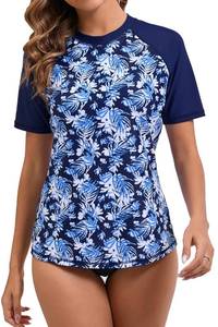 lot 2877 image: Halcurt Womens Short Sleeve Rash Guard Swimsuit Top with Built in Bra Swim Shirt UPF50 Quick Dry Bathing Suit Navy Leaf XL