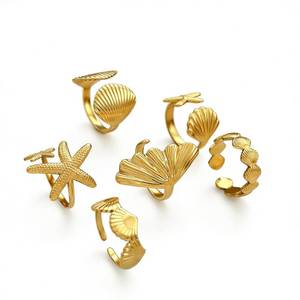 lot 2882 image: Inactwin 6PCS Chunky Gold Starfish Shell Rings for Women Trendy Dainty Summer Beach Stackable Stainless Steel Ring Surfer Fashion Statement Beachy Boho Jewelry Gifts (6PCS Starfish Shell Rings) size 8