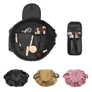 lot 8090 image: SUMBABO Drawstring Makeup Bag Open Flat Barrel Drawstring Cosmetic Bag for Women Toiletry Bag for Travel with Brush Bag (Black) - Retail $10