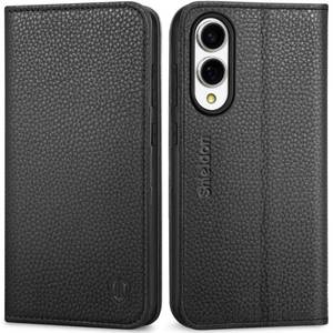 lot 8097 image: SHIELDON Case for Galaxy S25 Edge 5G, Genuine Leather Wallet Case with Kickstand RFID Blocking Credit Card Holder Magnetic Shock Absorbing Cover Compatible with Galaxy S25 Edge 6.7 - Pebbled Black - Retail $31