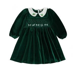 lot 8098 image: ZyHwShine Toddler Girl Christmas Outfit Long Sleeve Velvet Smocked Dress Cute Fall Winter Clothes Xmas Party Dresses 0-7Y (Green, 5-6 Years) - Retail $18