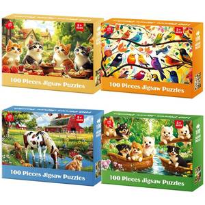 lot 8119 image: BraniacBits 4 Packs 100 Piece Puzzles for Kids Ages 4-6 6-8 8-10, Cats Birds Farms Dogs Jigsaw Puzzles Educational Kids Puzzles 5-8 Gifts for Girls Boys Adults Seniors 15x11in - Retail $20