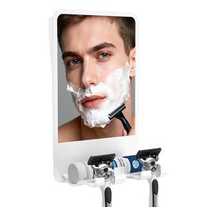 lot 8138 image: Infitrans Shower Mirror for Shaving Fogless with Multifunctional Storage for Razor and Shaving Foam Canister, Adhesive or Screw Optional Installation,Adjustable Angle, White - Retail $21
