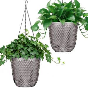 lot 8141 image: QCQHDU Self Watering Hanging Pots, 2 Pack 7.2 Inch Hanging Planters for Plants Indoor, Flower Pots with Drainage Holes and 3 Hooks Chains for Garden Home (Gray) - Retail $19